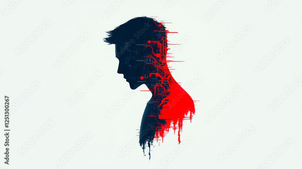 Poster a stylized android silhouette with a fractured torso, revealing layers of gleaming gears and