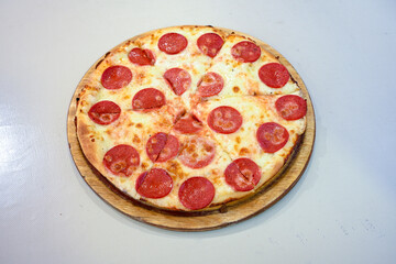 Traditional Turkish cuisine. Pizza, pita, pidesi, sucuk, hummus, kebab. Many dishes on the table. Serving dishes in restaurant. Mix, formaggi, veggie pizza. Top view, flat lay