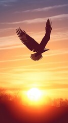 Majestic Eagle Flying Against the Backdrop of a Bright Rising Sun in a Beautiful Dawn Sky with Warm Colors and Clouds
