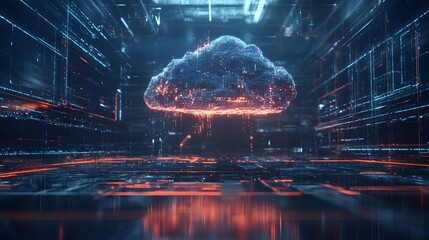Glowing and dynamic data cloud hovering over a complex digital grid in a futuristic sci fi inspired cyberspace setting  The scene conveys a sense of advanced technology computational power