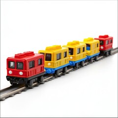 Fototapeta premium Colorful toy train on tracks, white background, children's play