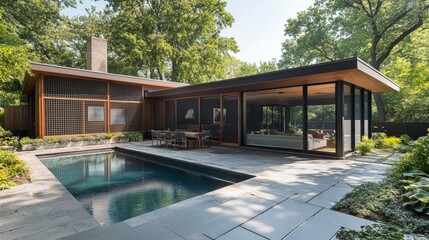 Open living space blending seamlessly into an outdoor patio with a pool and modern screen enclosure.
