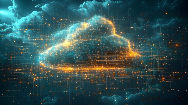 depiction of a data cloud with a glowing ethereal appearance  The image showcases a captivating visualization of technology connectivity and the boundless nature of digital information