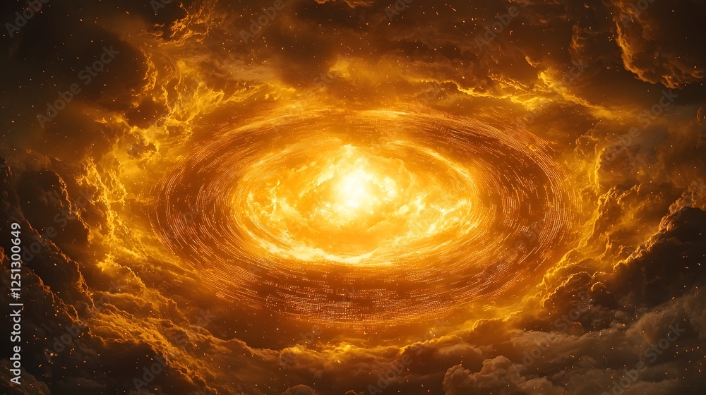 Poster dramatic digital storm with flowing data and energy surging through a central glowing vortex cloud c
