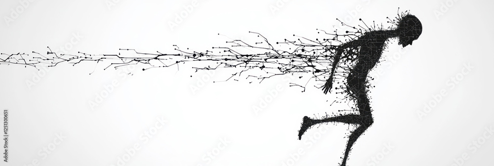 Poster a robotic humanoid silhouette with angular fractures running along its form, revealing