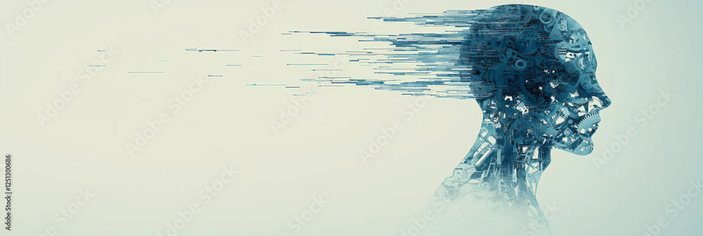 Poster a robotic humanoid silhouette with angular fractures running along its form, revealing