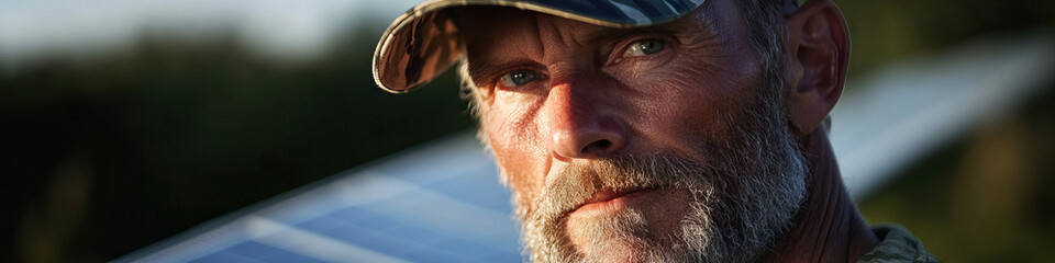 Obraz premium Portrait of a Man with Graying Beard and Camouflage Cap