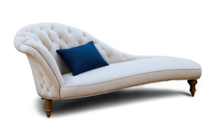 Elegant chaise lounge with blue pillow, isolated on transparent background cutout