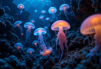Strange and rare sea creatures roam the dark depths of the Mariana Trench. including bioluminescent jellyfish organisms. background wallpaper AI generated image 