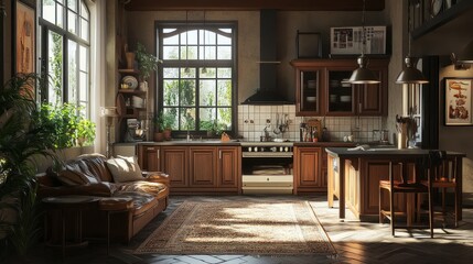 Open-concept living in a stylish small apartment with a bright, modern kitchen and a cozy relaxation corner