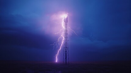 Lightning Strikes Tall Communication Tower During Night Storm