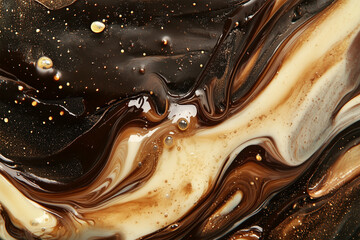 Realistic chocolate background. Glossy ripple surface of brown paint, coffee, cocoa yoghurt, choco cream substance. Flowing melted smooth satin texture. 