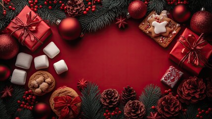 a vibrant red background featuring christmas treats and decorations, including cookies, marshmallows, and gifts, perfect for holiday celebrations.