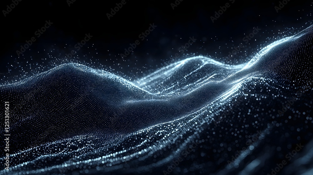 Poster ethereal and immersive digital landscape composed of intricate pixelated patterns and dynamic data l