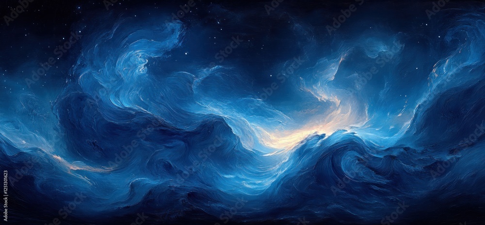 Poster dynamic abstract blue glowing shape on dark grainy background with smooth noise texture for futurist