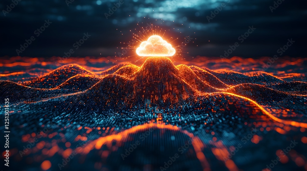 Poster mesmerizing digital landscape with a radiant cloud like centerpiece created through intricate algori