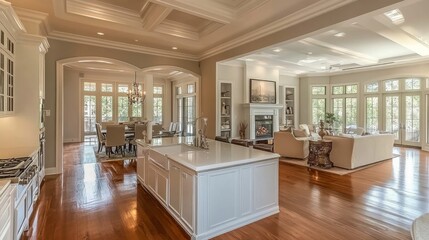 Open-concept luxury interior featuring a contemporary white kitchen and an inviting living space.