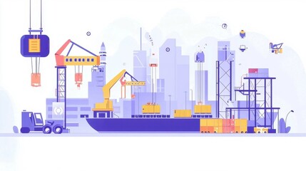 Obraz premium Colorful Industrial Port Illustration with Shipping Elements