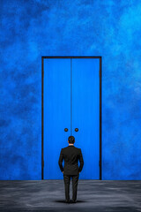 Obraz premium An individual facing two closed doors, intensely contemplating which handle to open first,