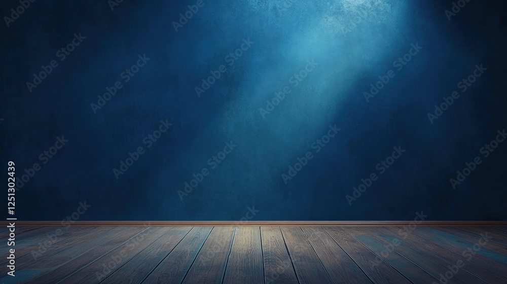 Poster dark blue wall in an empty room with a subtle light source casting shadows on the wooden floor for i