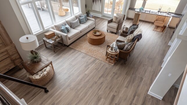 Open-plan luxury coastal home with a cozy living space and stunning SPC flooring