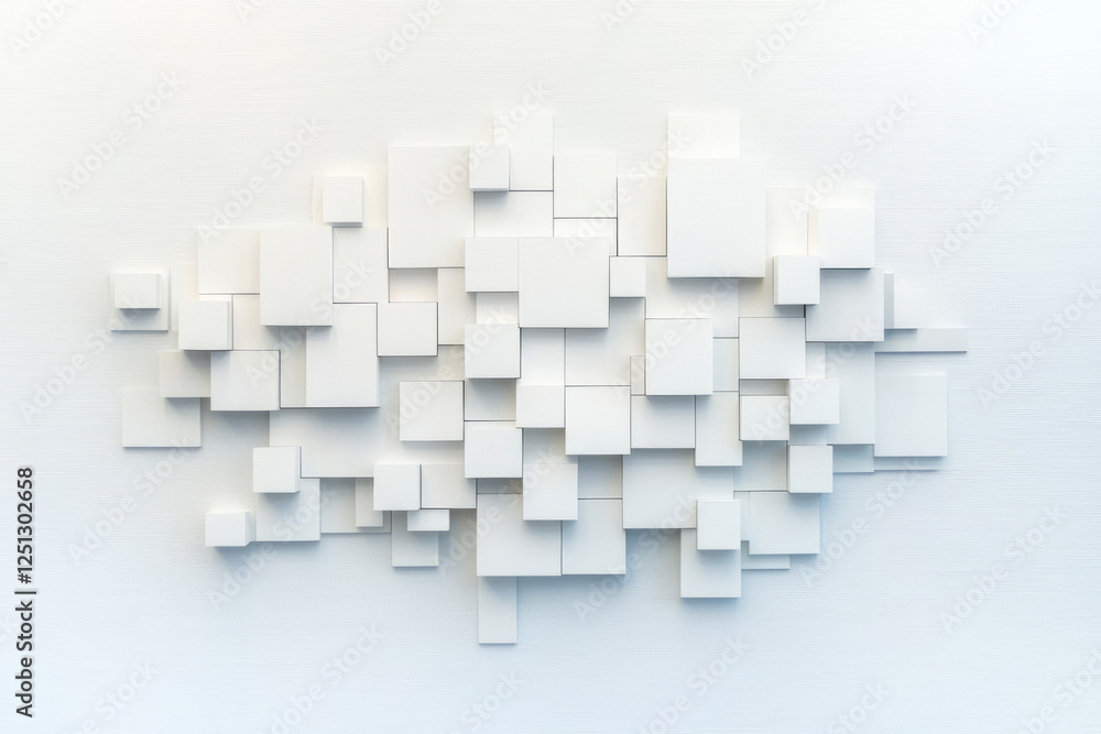Poster a modern abstract wall installation of white cubes arranged in a grid, some of them dislodging and