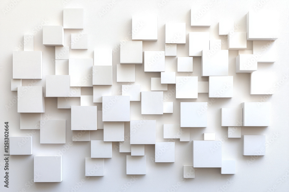 Poster a modern abstract wall installation of white cubes arranged in a grid, some of them dislodging and