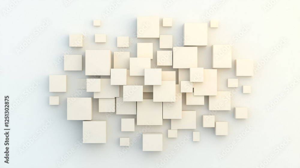 Poster a minimalist art piece portraying a wall-mounted cube array, gradually fragmenting as each cube