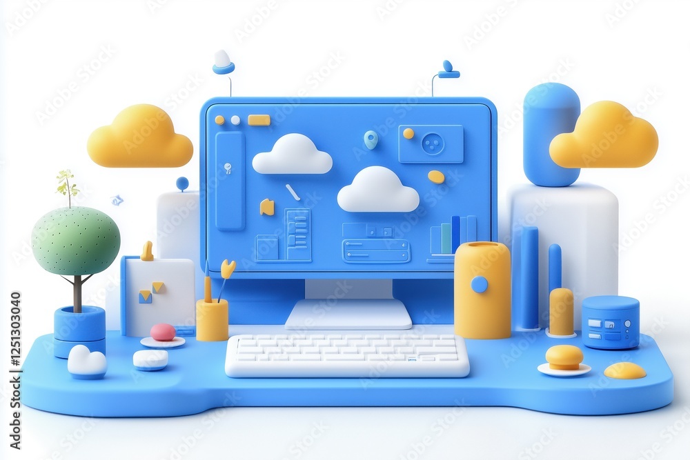 Poster a stylized 3d illustration of a computer setup featuring a blue monitor, keyboard, and various color