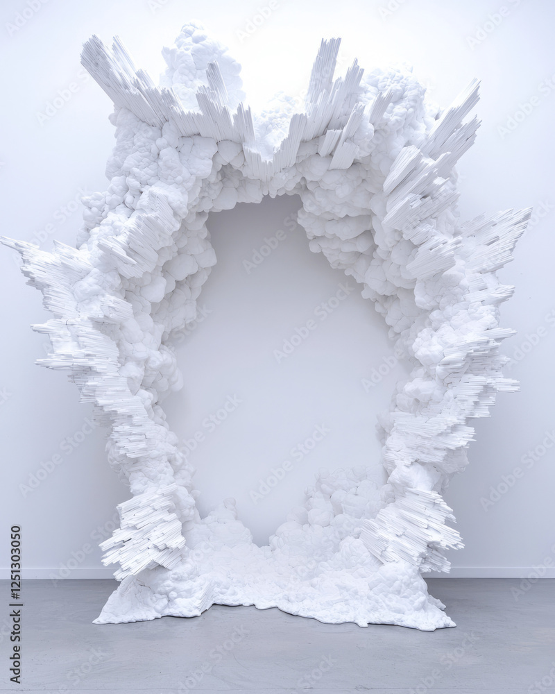Poster a conceptual installation of white cubic forms arranged in rows, visually disintegrating as blocks