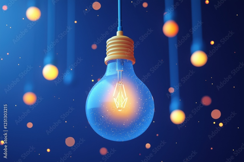 Poster a glowing light bulb with a filament, suspended against a blue background with floating orbs of ligh