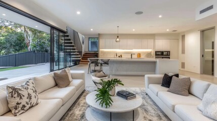 Fototapeta premium Sleek open-plan home with a spacious living room and a sophisticated white kitchen layout.