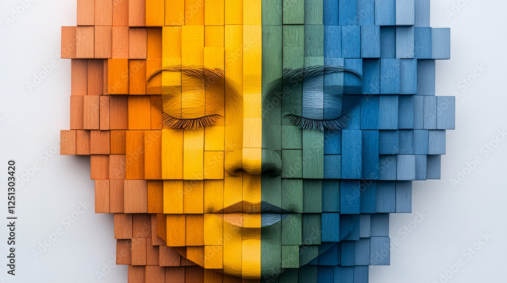 Poster a sculpted portrait meticulously carved into a grid of wooden blocks, each block shifting in color