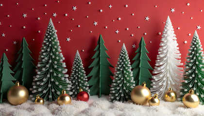 Fototapeta premium Christmas trees with gold ornaments and snow on red background