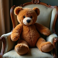 Obraz premium Photography of a beautiful teddy sitting on a plush armchair at room 