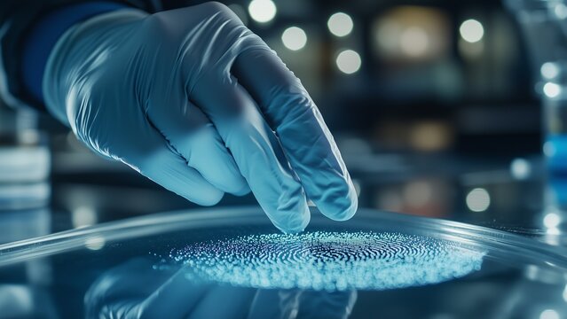 Forensic Scientist Wearing Blue Gloves Analyzing a Digital Fingerprint on a Reflective Surface. The Crime Scene Depicts Advanced Forensic Technology and Fingerprint Identification Techniques - Powered by Adobe