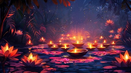 Tranquil Night Pond with Floating Lights and Lush Flora