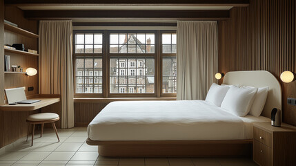 Modern hotel room with city view, workspace, and comfortable bed