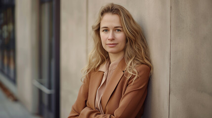 Fototapeta premium Confident woman in a tan blazer leaning against an urban wall.
