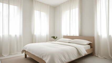 A minimalistic bedroom with soft, natural light filtering through curtains, clear focus on the bed and simple decor