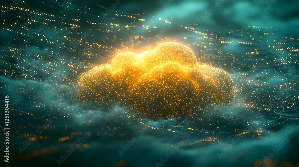Poster soft glowing digital cloud hovering in a web of luminous data streams creating a mesmerizing futuris
