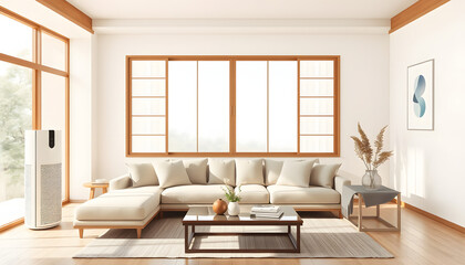 Fototapeta premium Modern, minimal air purifier in luxury oriental living room with sofa, coffee table, shoji window wall in sunlight for fresh clean air technology concept, interior design, product background 3D, cra