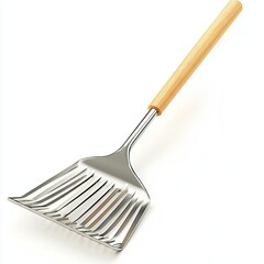 Metal litter scoop, wooden handle, white background, pet cleaning