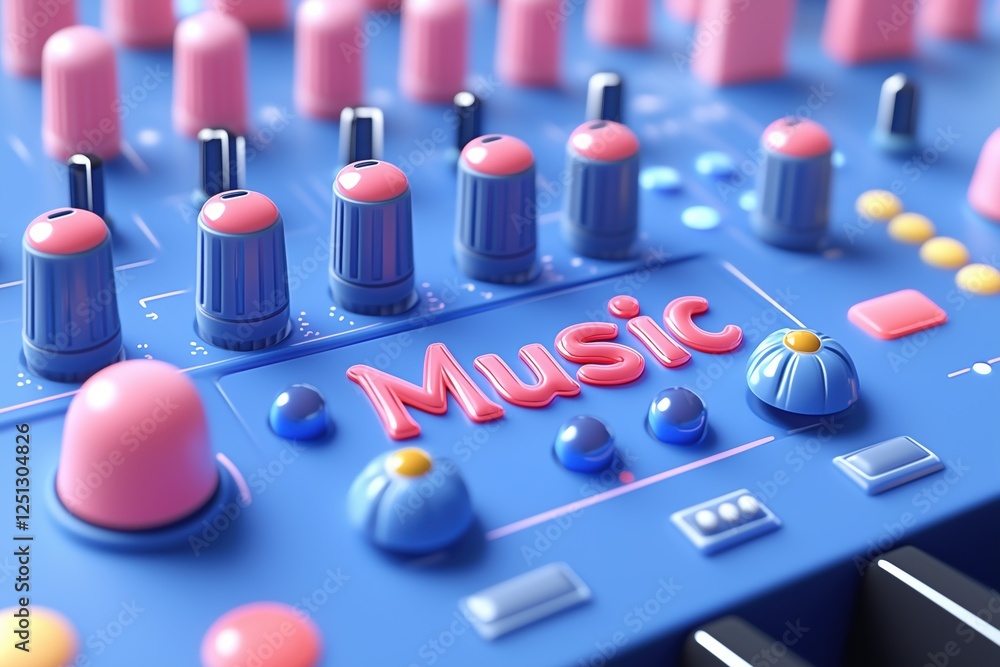 Poster a colorful close-up of a music mixing console featuring various knobs and buttons. the word 'music' 