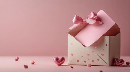 A white gift box with a pink satin ribbon, decorative hearts, and an open pink envelope with a sheet of paper is placed on a pastel pink background with copyspace.