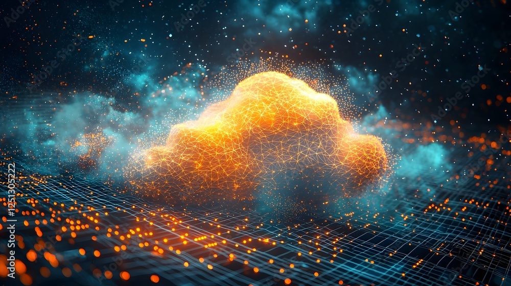 Poster fusion of a glowing ethereal cloud merging with a dynamic futuristic tech grid background creating a