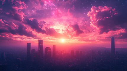 Fototapeta premium Pink sunset over futuristic city, starscape background, fantasy, design