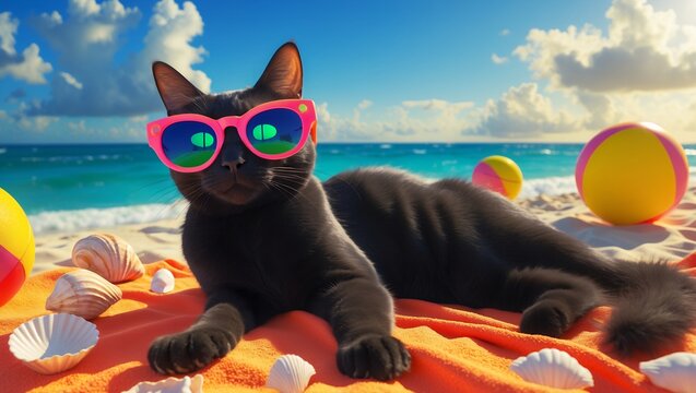 Cool Cat Relaxing on Beach with Sunglasses and Beachballs
