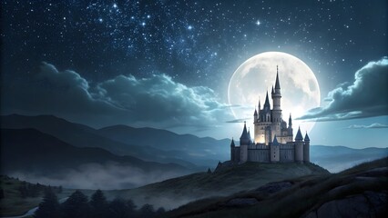 Enchanted Castle Under a Starry Night Sky with Full Moon and Mystical Atmosphere