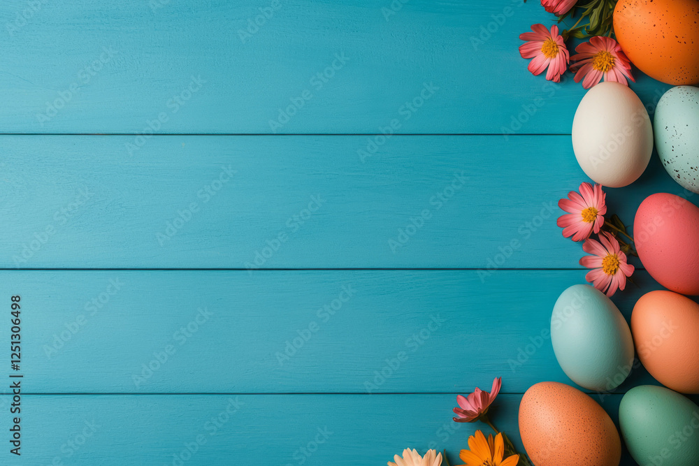 Aufkleber an array of colorful eggs and freshly picked flowers, laid out on a rustic table to mark the